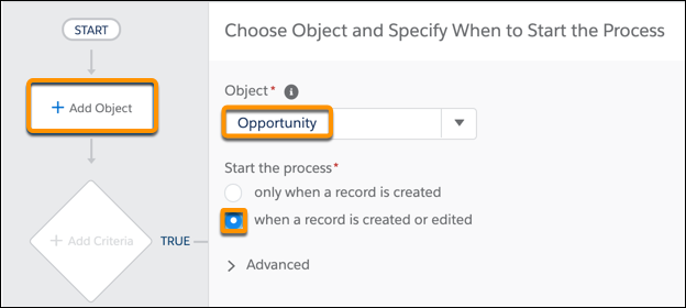 Opportunity object type and "when a record is created or edited" highlighted