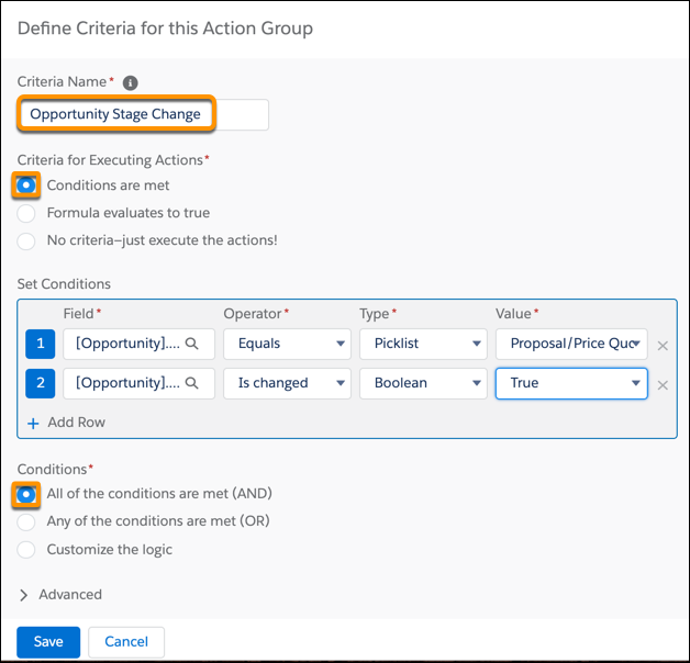 Define Criteria with Opportunity Stage Change highlighted