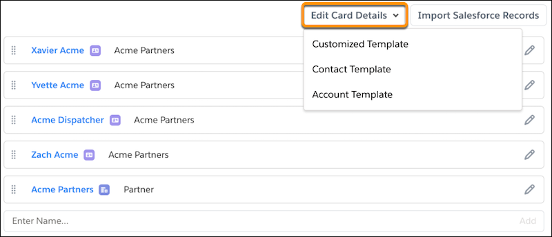 Edit Card Details dropdown: Customized Template, Contact Template, Account Template