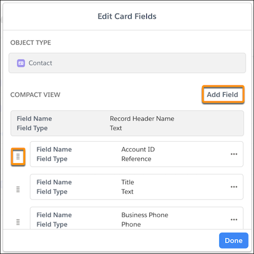 Compact View and Detail View field modal