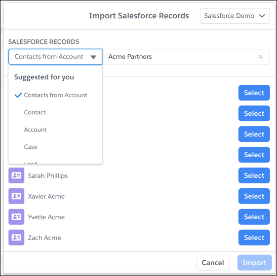 Import Salesforce Records modal with Salesforce object suggestions