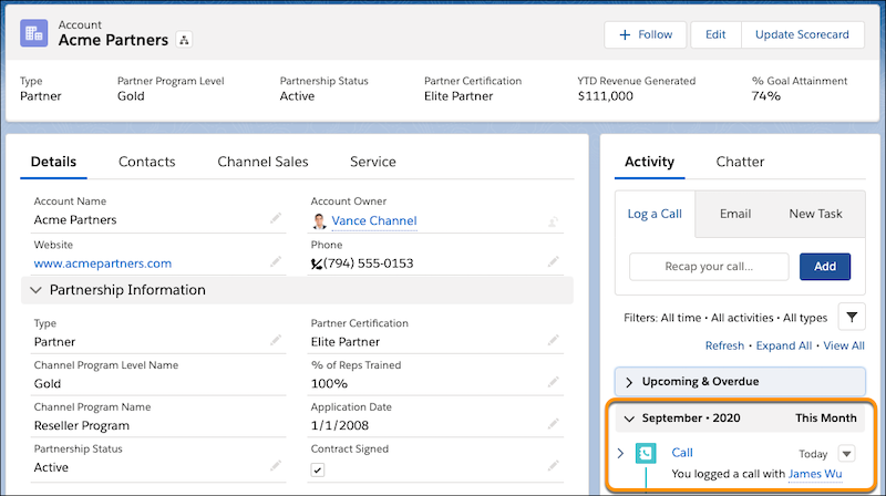 Activity Timeline on an Account record with the call log highlighted.