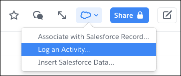Blue Salesforce Actions cloud with Log an Activity highlighted