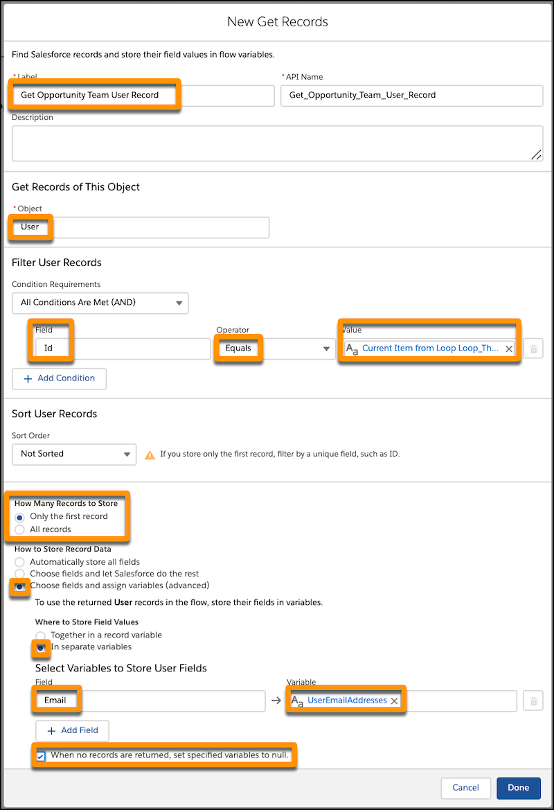 Get Records window with required fields