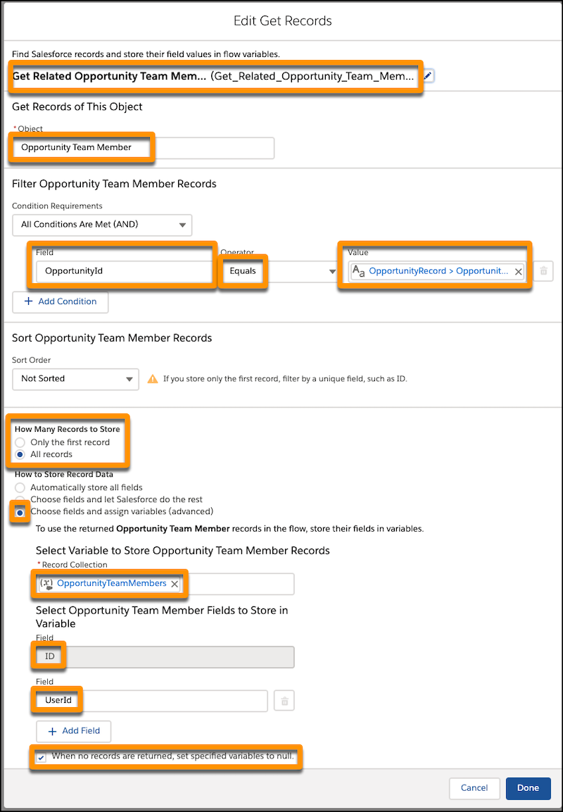 Get Records window with required fields highlighted