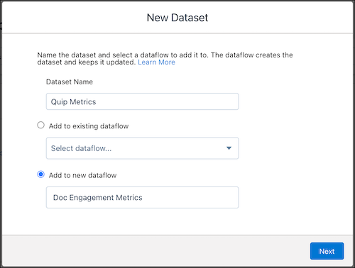 New Dataset window with Add to new workflow selected