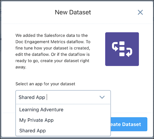 Select an app for your dataset picklist options shown