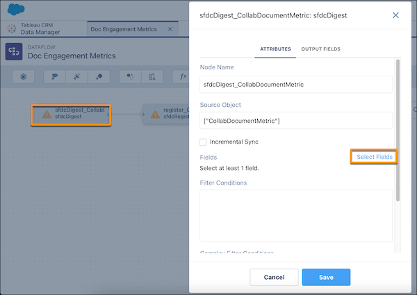 Select fields and sfdcDigest_collabmetrics highlighted