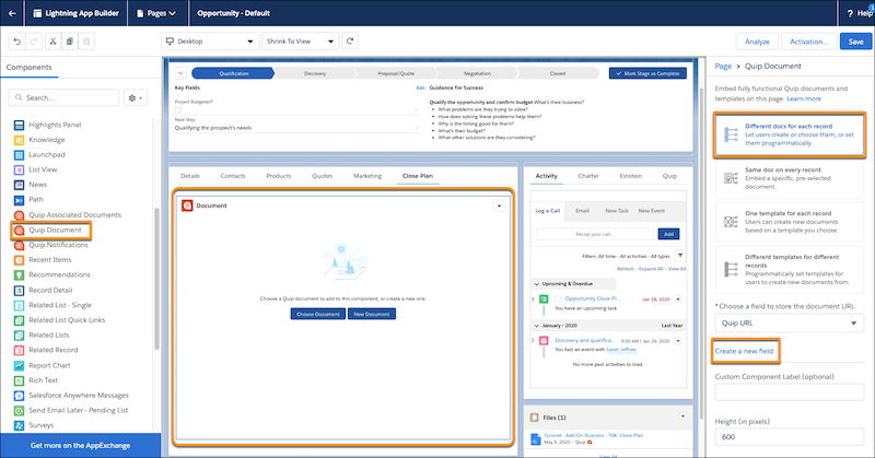 Quip Document component in Lightning App Builder
