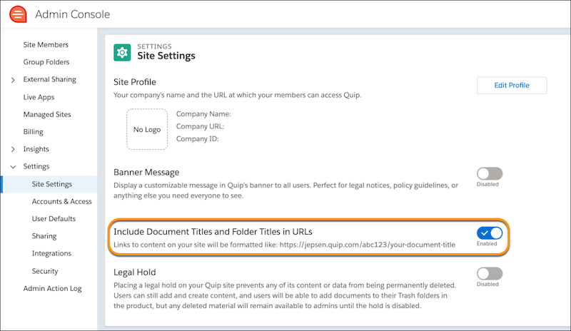 Quip Admin Console with Include Docment Titles and Folder Titles in URLs highlighted