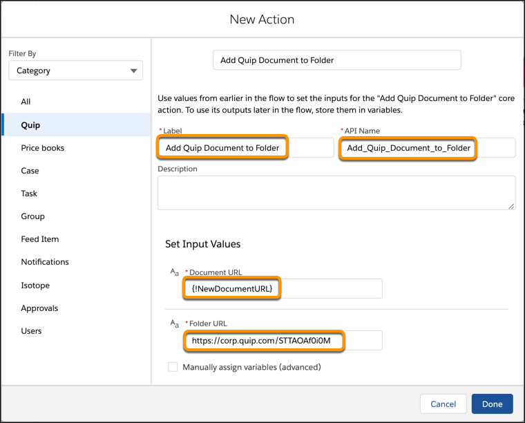 New Quip Action with Label, API Name, Document URL, and Folder URL highlighted.