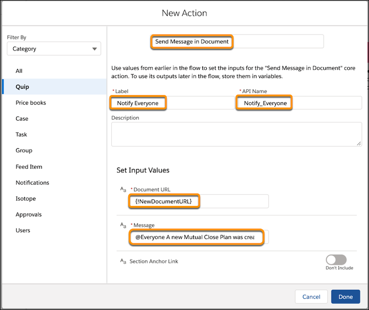 Send Message in Document action
