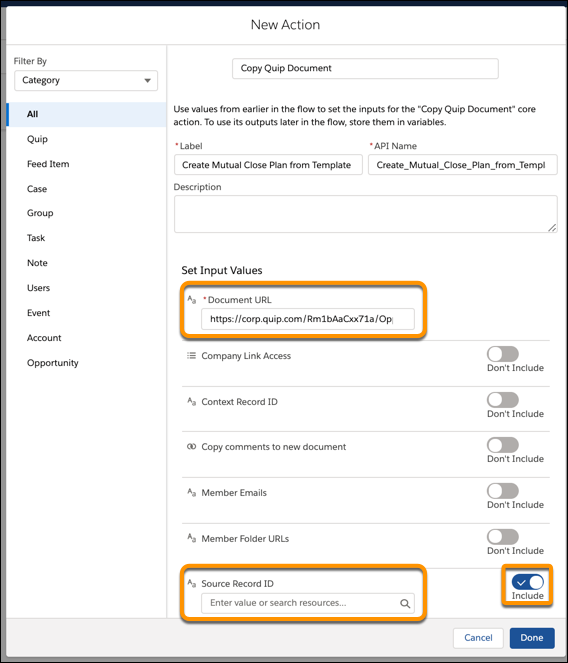 New Action modal with Document URL and Source Record ID highlighted