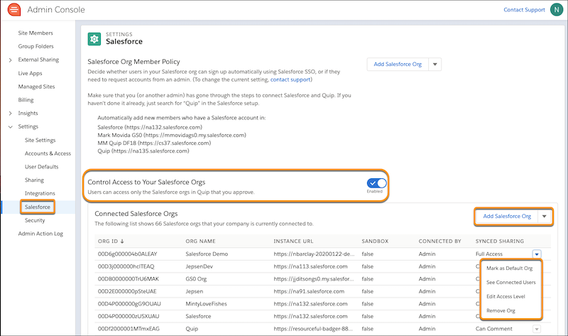 Connected Salesforce Orgs section