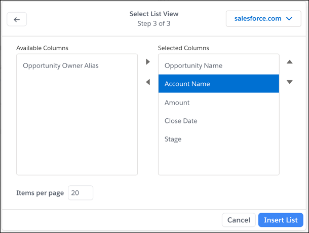 Select list view columns modal