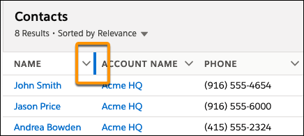 Highlighted column border, used to change width of columns