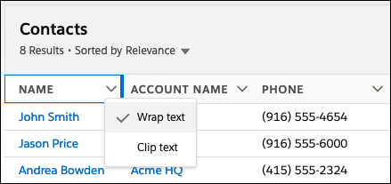 Arrow in column header with drop-down menu showing Wrap Text and Clip Text options