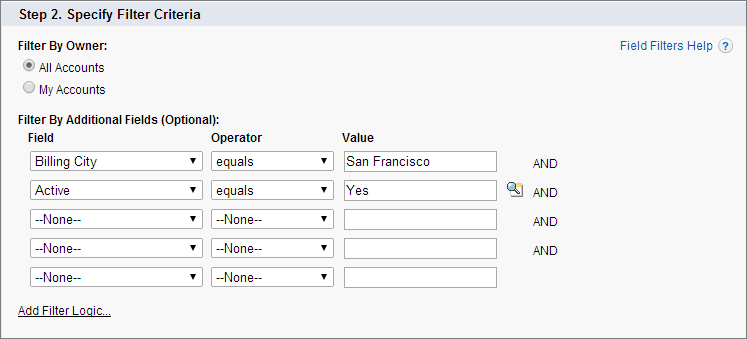 Filter criteria edit screen