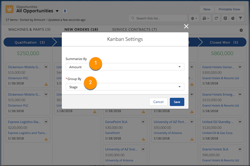 Kanban settings, showing the Summarize By dropdown (1) with Amount selected, and the Group By dropdown (2) with Stage selected