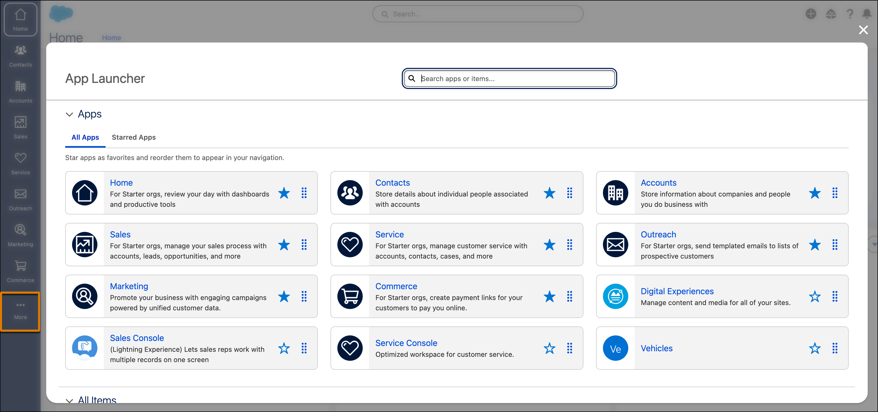 Acceda al Iniciador de aplicación desde la barra de navegación vertical.