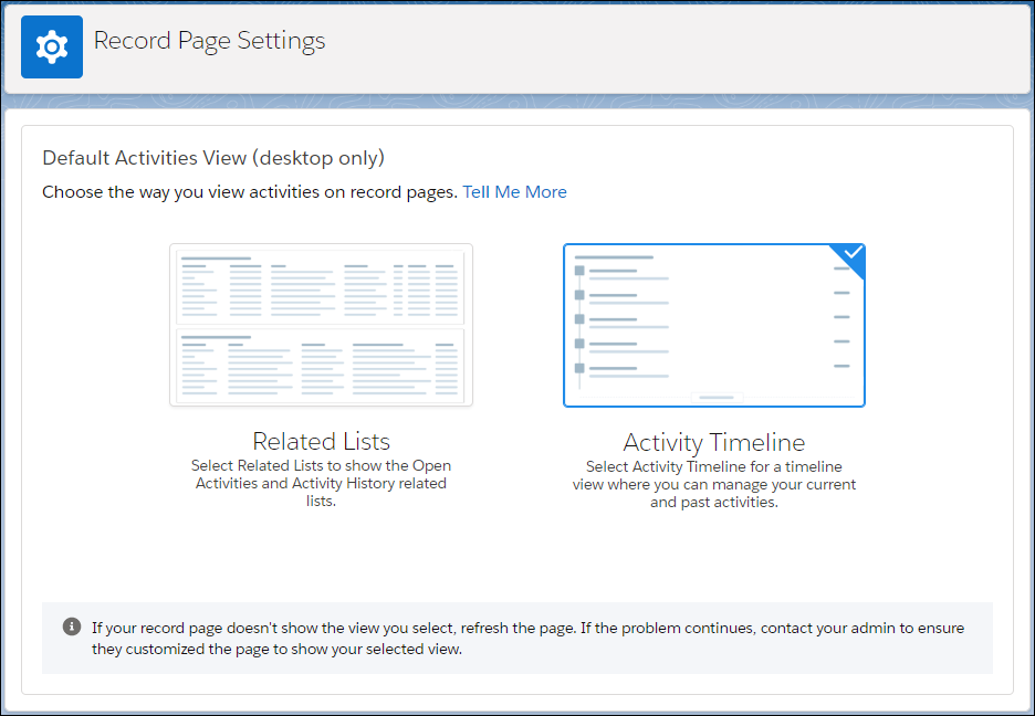 Page Paramètres de la page d'enregistrement, qui présente deux options de vue d'activité par défaut, Listes associées et Chronologie des activités