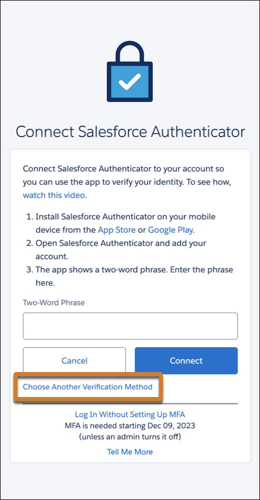 Screenshot della schermata Connetti Salesforce Authenticator per la registrazione MFA con evidenziazione del link per la selezione di un metodo diverso
