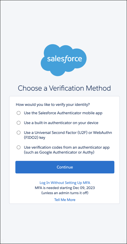 Screenshot della schermata Scegli un metodo di verifica per la registrazione della MFA