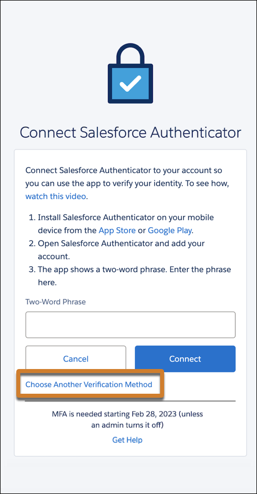 Tilslut skærmen Salesforce Authenticator til MFA-registrering med et fremhævelsesmærke på linket til at vælge en anden metode