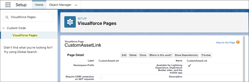 The Visualforce page settings for CustomAssetLink