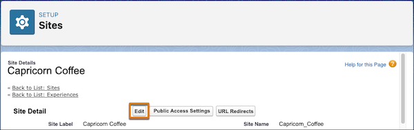 The Edit button at the top of a site's detail page