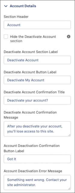 Account Details properties of the component