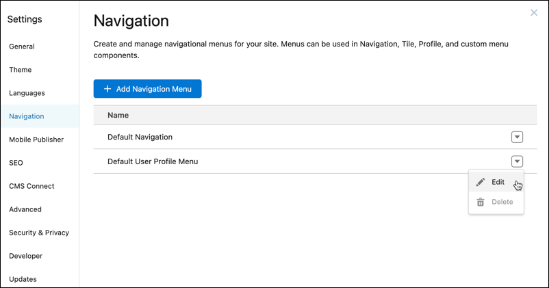 Navigation settings for Default User Profile Menu.
