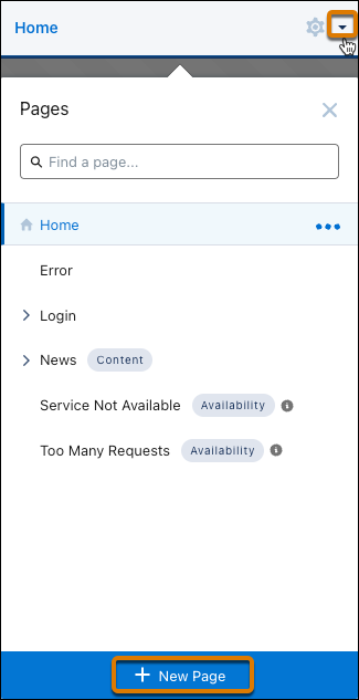 Pages menu with New Page button highlighted.