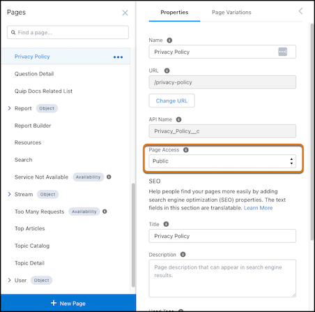 Properties tab with Page Access field highlighted.
