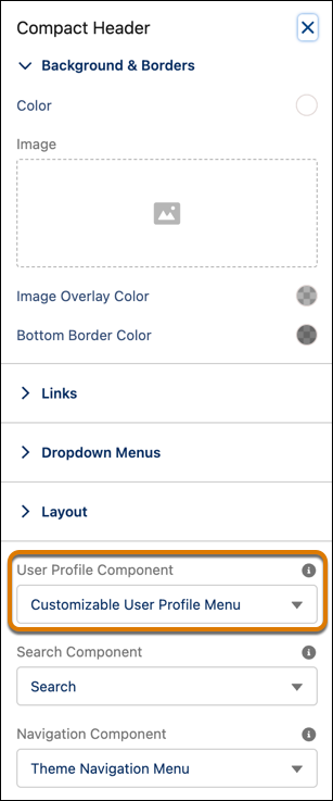 Property Panel with Customizable User Profile Menu option selected.