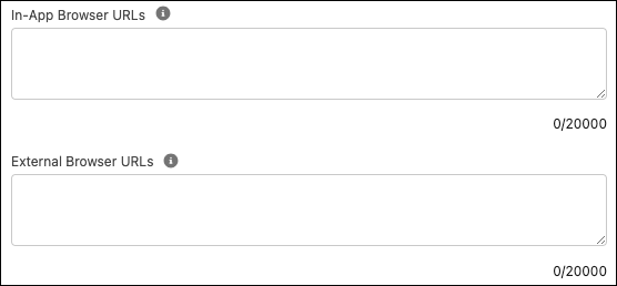 The In-App Browser URLs and External Browser URLs fields in Mobile Publisher Setup