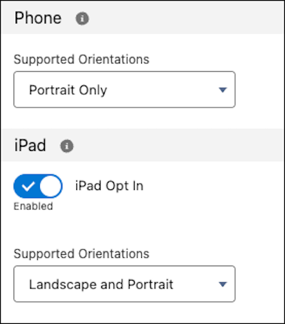 Screenshot of Mobile Publisher setup, showing orientation pickers for phone form factors and opt-in toggle for iPad support