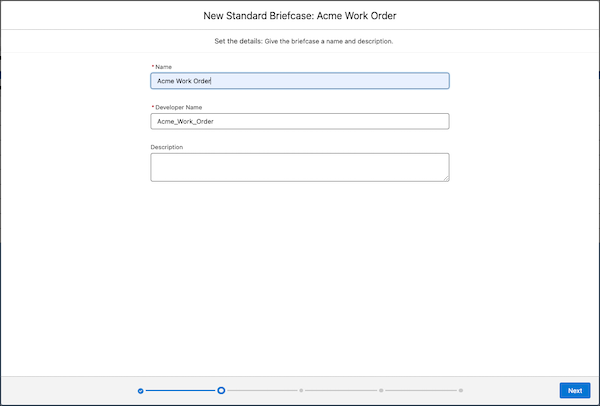The fields to enter the name, developer name, and description of the briefcase