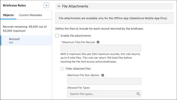 The File Attachments section of a briefcase rule’s settings