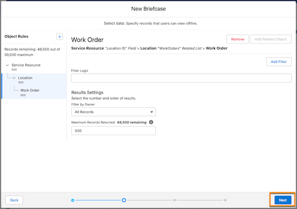The Work Order rule is nested in the Location rule. The Location rule is nested in the Service Resource rule. The Next button is highlighted.