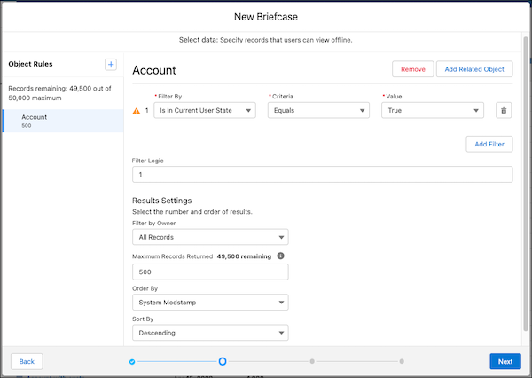 The Account object is selected as a briefcase rule. The rule has a filter that evaluates whether the custom formula field is true.