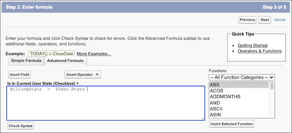 The formula for the custom formula field evaluates when the account's billing state matches the current user's state.