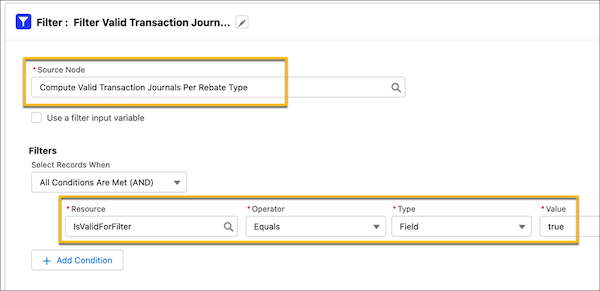 Filter Valid Transaction Journals For Rebate Types node