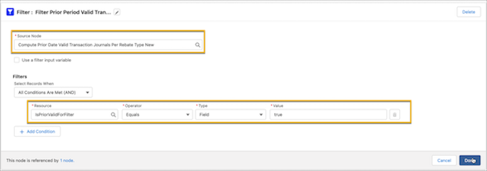Filter Prior Period Valid Transaction Journals For Rebate Types node