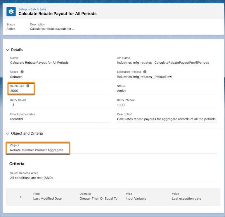The predefined Batch Management job with Rebates as group, and Rebate Member Product Aggregate as object.