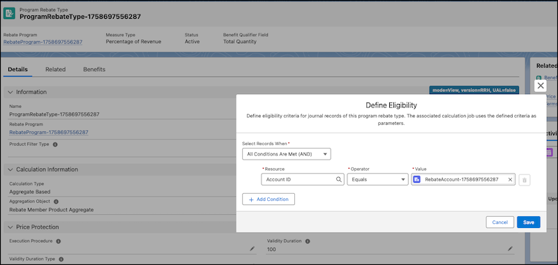 The eligibility screen for a Program Rebate Type