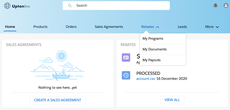 The Rebates tab on the Experience Cloud site showing the options to view programs, documents, and payouts.
