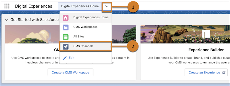 The Digital Experience Home tab is highlighted. First select the down arrow to show the menu, then select CMS Channels.