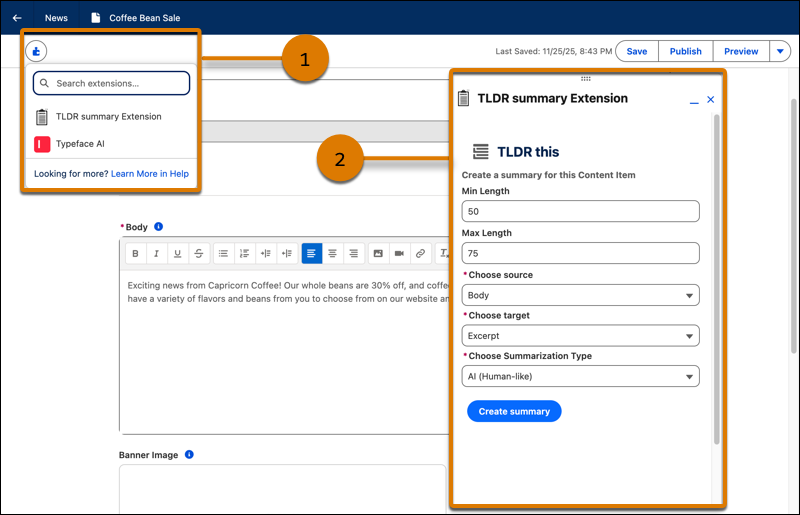 El editor de contenido, mostrando el menú de extensiones y el panel flotante