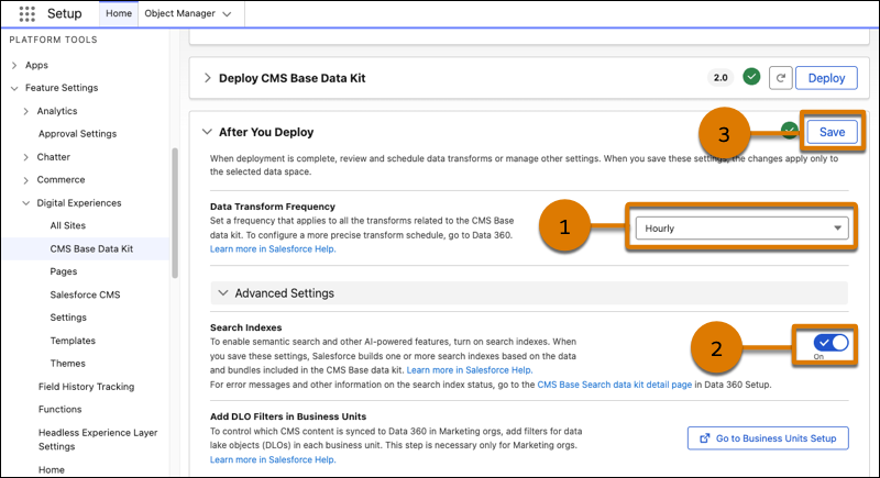 The CMS Base Data Kit setup page with steps highlighted in the “After You Deploy” section.